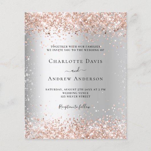 Silver roos gouden QR RSVP budget bruiloft uitnodi (Voorkant)