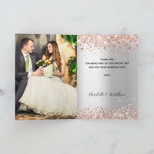 Silver roos goudfoto's bruiloft bedankt kaart (Binnen)