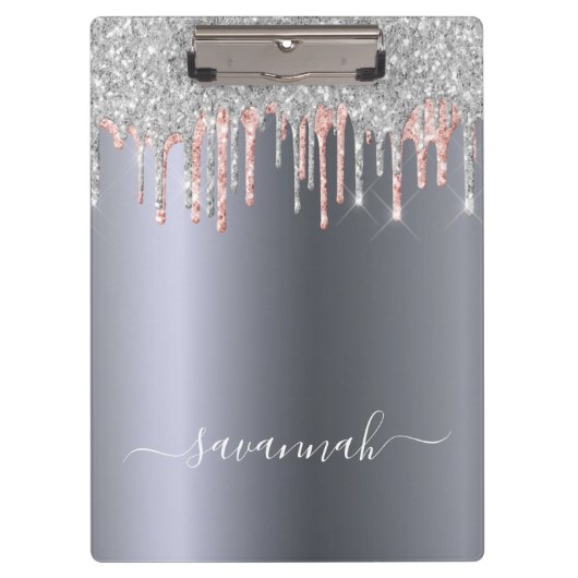 Silver rose glitter drips name script klembord (Voorkant)