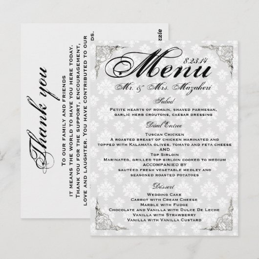 Silver Rose Wedding Dinner Menu Thank you Note (Voorkant / Achterkant)