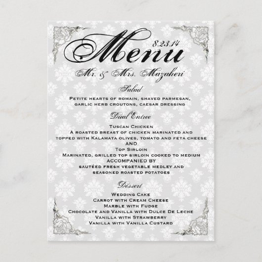 Silver Rose Wedding Dinner Menu Thank you Note (Voorkant)
