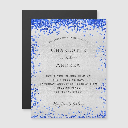 Silver royal blue bruiloft nodigmagnet (Voorkant / Achterkant)