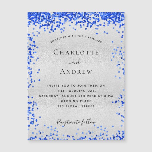 Silver royal blue bruiloft nodigmagnet (Voorkant)