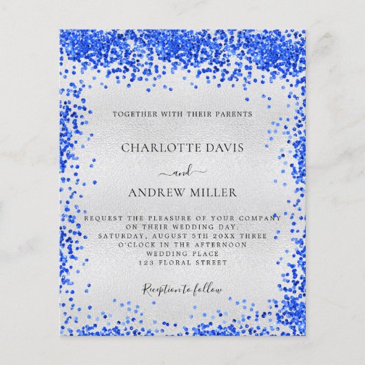 Silver royal blue budget bruiloft-uitnodiging (Voorkant)