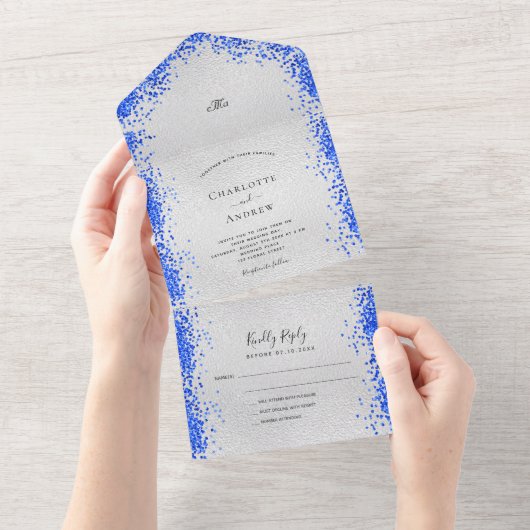 Silver royal blue confetti modern bruiloft all in one uitnodiging (Afscheurbaar)