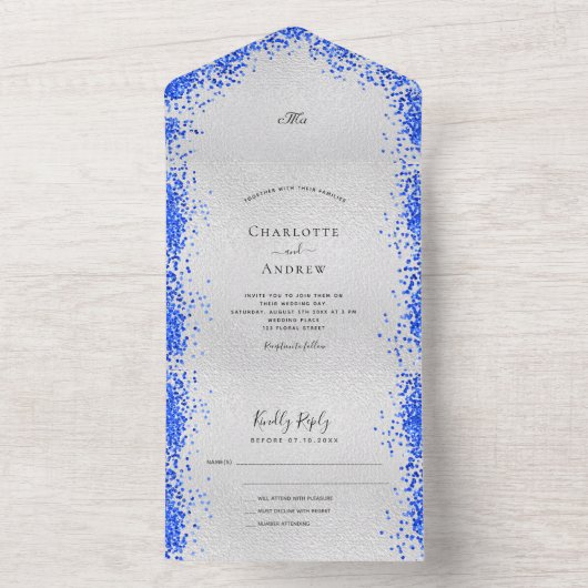 Silver royal blue confetti modern bruiloft all in one uitnodiging (Binnen)