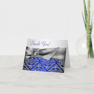 Silver Royal Blue Damask Dank u Bedankkaart