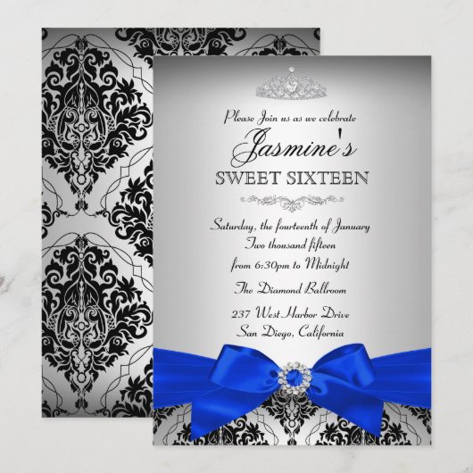 Silver & Royal Blue Damask Sweet 16 Invitation Kaart (Voorkant / Achterkant)