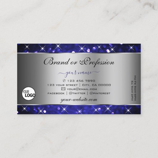Silver Royal Blue Glitter Sparkle Stars en Logo Visitekaartje (Achterkant)