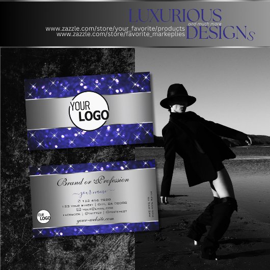 Silver Royal Blue Glitter Sparkle Stars en Logo Visitekaartje