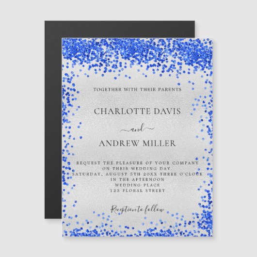 Silver royal blue luxe bruiloft nodigmagneet uit (Voorkant / Achterkant)