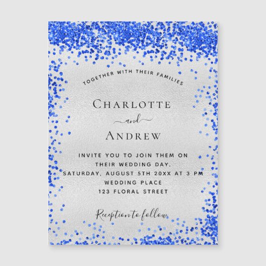 Silver royal blue luxe bruiloft nodigmagneet uit (Voorkant)