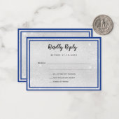 Silver royal blue metal elegant bow RSVP Notitiekaartje (Voorkant / Achterkant in situ)