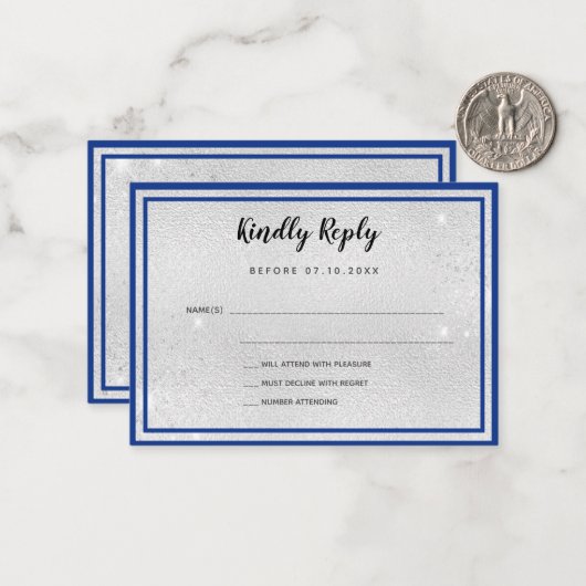 Silver royal blue metal elegant bow RSVP Notitiekaartje (Voorkant / Achterkant in situ)