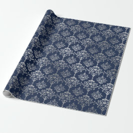 Silver Royal Blue Navy Gray Floral Damask Vip Cadeaupapier