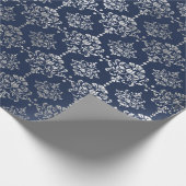Silver Royal Blue Navy Gray Floral Damask Vip Cadeaupapier (Hoek)