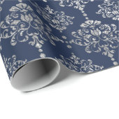 Silver Royal Blue Navy Gray Floral Damask Vip Cadeaupapier (Rol Hoek)