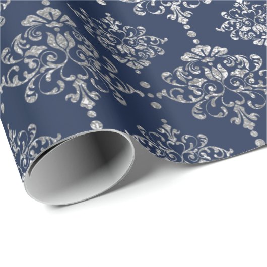 Silver Royal Blue Navy Gray Floral Damask Vip Cadeaupapier (Rol Hoek)