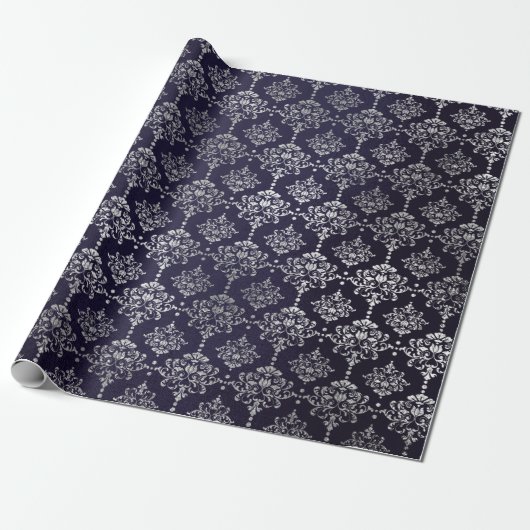 Silver Royal Blue Navy Gray Floral Damask Vip Cadeaupapier (Uitgerold)