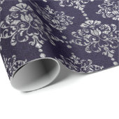 Silver Royal Blue Navy Gray Floral Damask Vip Cadeaupapier (Rol Hoek)