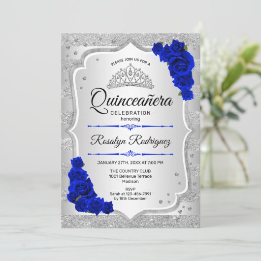 Silver Royal Blue Quinceanera Kaart (Staand voorkant)