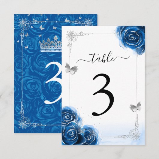 Silver Royal Blue Rozen Elegant tafelnummer Kaart (Voorkant / Achterkant)