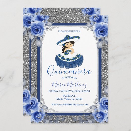  Silver Royal Blue Rozen Quinceanera  Kaart (Voorkant / Achterkant)