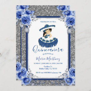  Silver Royal Blue Rozen Quinceanera  Kaart