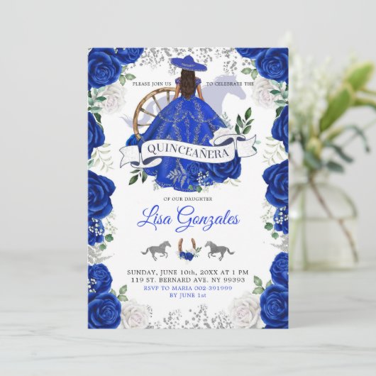 Silver Royal Blue Rozen Western Charra Quinceañera Kaart (Staand voorkant)