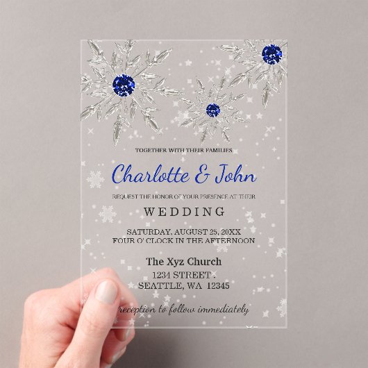 Silver Royal Blue snewflakes Winter Wedding Acryl Uitnodigingen (Insitu (Draagbaar))