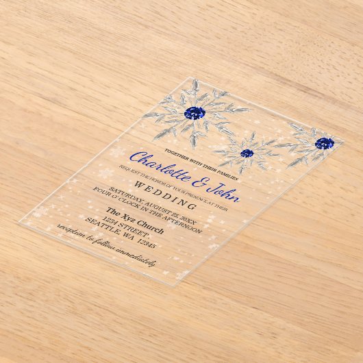 Silver Royal Blue snewflakes Winter Wedding Acryl Uitnodigingen (Laagn)
