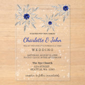 Silver Royal Blue snewflakes Winter Wedding Acryl Uitnodigingen (Voorkant)
