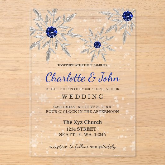 Silver Royal Blue snewflakes Winter Wedding Acryl Uitnodigingen (Voorkant)