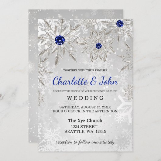 Silver Royal Blue snewflakes Winter Wedding Kaart (Voorkant / Achterkant)