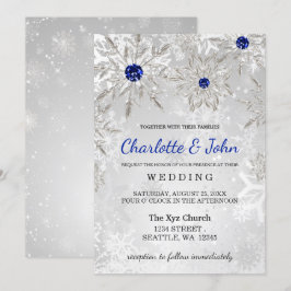 Silver Royal Blue snewflakes Winter Wedding Kaart
