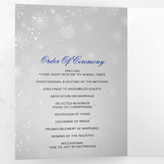 Silver Royal Blue Snowflake Winter Wedding Drieluik Programma (Binnenzijde eerst)