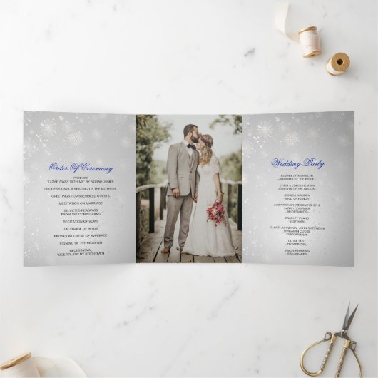 Silver Royal Blue Snowflake Winter Wedding Drieluik Programma (Binnen)