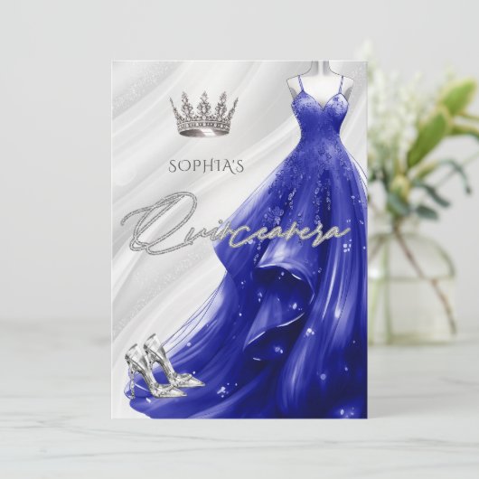 Silver Royal Blue Sparkle Dress Quinceañera Kaart (Staand voorkant)