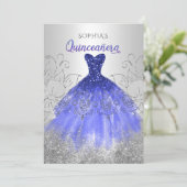 Silver Royal Blue Sparkle Dress Quinceañera Kaart (Staand voorkant)