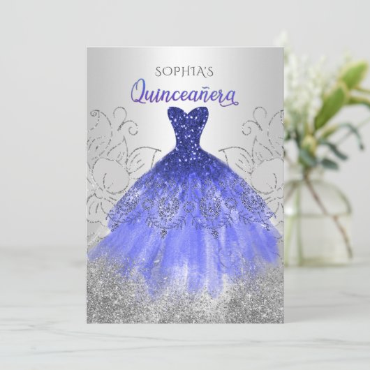 Silver Royal Blue Sparkle Dress Quinceañera Kaart (Staand voorkant)