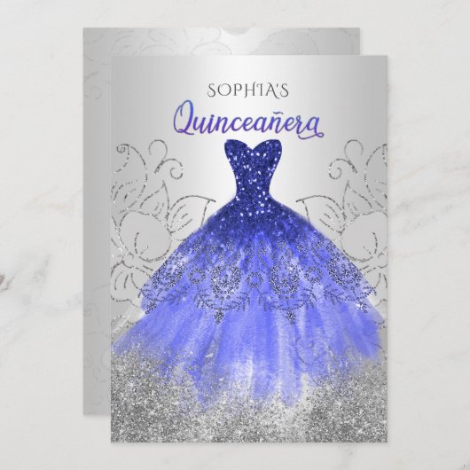 Silver Royal Blue Sparkle Dress Quinceañera Kaart (Voorkant / Achterkant)