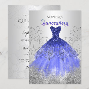 Silver Royal Blue Sparkle Dress Quinceañera Kaart
