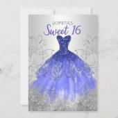 Silver Royal Blue Sparkle Dress Sweet 16 Kaart (Voorkant)