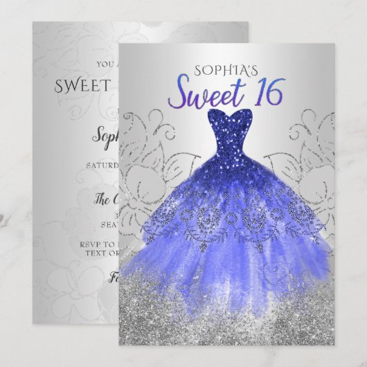 Silver Royal Blue Sparkle Dress Sweet 16 Kaart (Voorkant / Achterkant)