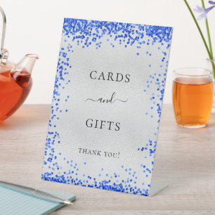 Silver royal blue trouwkaartjes cadeaus reclamebord met voetstuk
