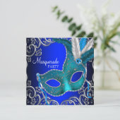 Silver Royal en Blauwgroen Blue Masquerade Party Kaart (Staand voorkant)