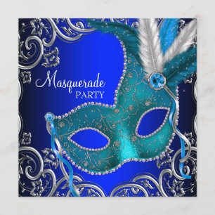 Silver Royal en Blauwgroen Blue Masquerade Party Kaart