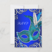 Silver Royal en Blauwgroen Blue Masquerade Party R RSVP Kaartje (Voorkant)