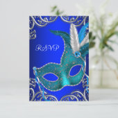Silver Royal en Blauwgroen Blue Masquerade Party R RSVP Kaartje (Staand voorkant)