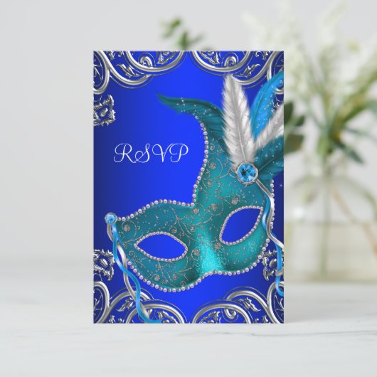 Silver Royal en Blauwgroen Blue Masquerade Party R RSVP Kaartje (Staand voorkant)